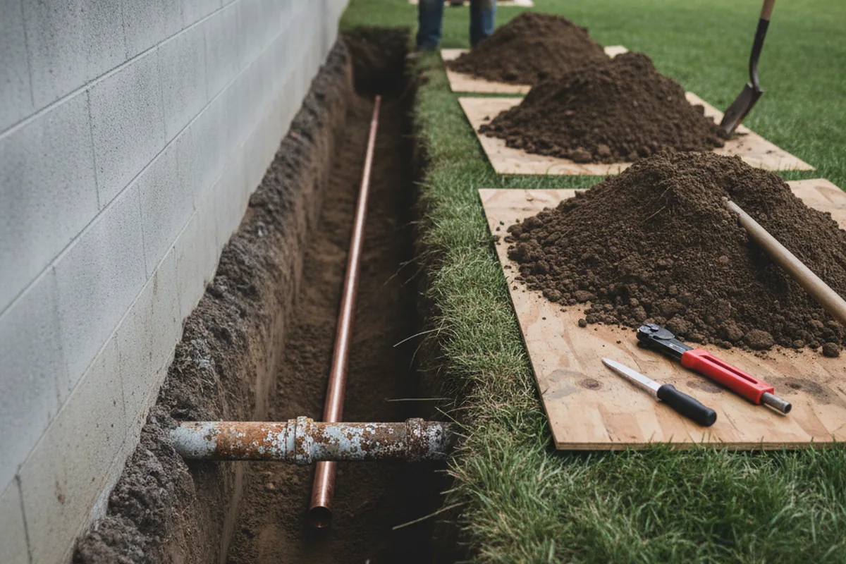 Excavated water line trench during Water Heater Repair in Bethany